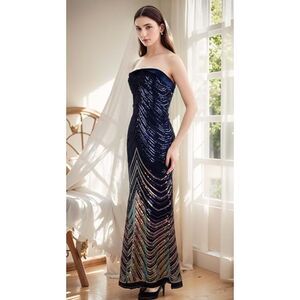 Gold Navy Blue Sequined Strapless Bodcongown Dress Corset Back Size 6 NWT